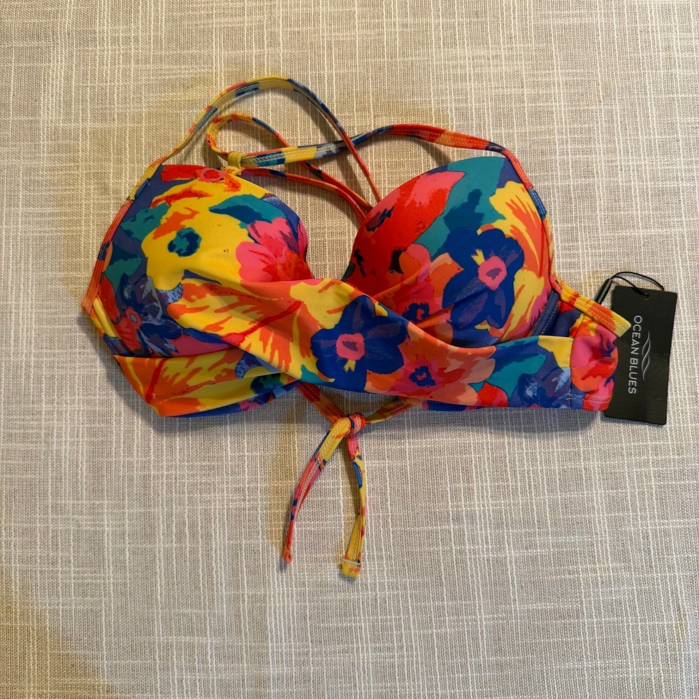 Ocean Blues Womens Colorful Floral Twist Front Underwire Bikini Top Small NWT
